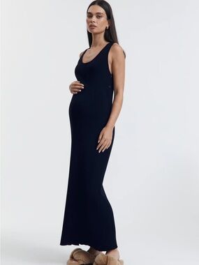 Legoe Heritage Resort Dress, Navy Ribbed Cotton Knit Maxi